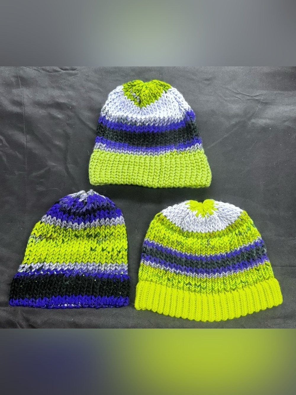 # Lot of 3 Handmade Women’s Knit Beanie Hat - Lime Green, Purple & White